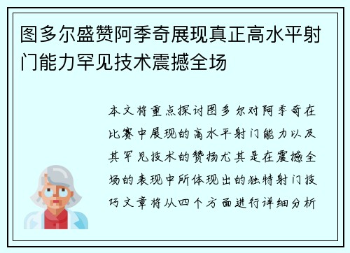 图多尔盛赞阿季奇展现真正高水平射门能力罕见技术震撼全场